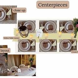 Wedding centerpiece layout with table settings and candles.