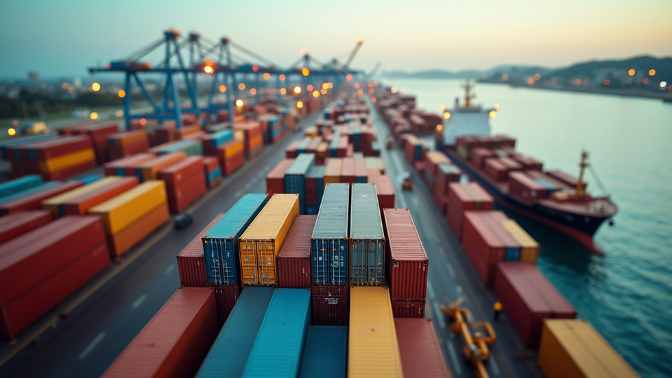 High angle view of a busy shipping port with containers stacked neatly