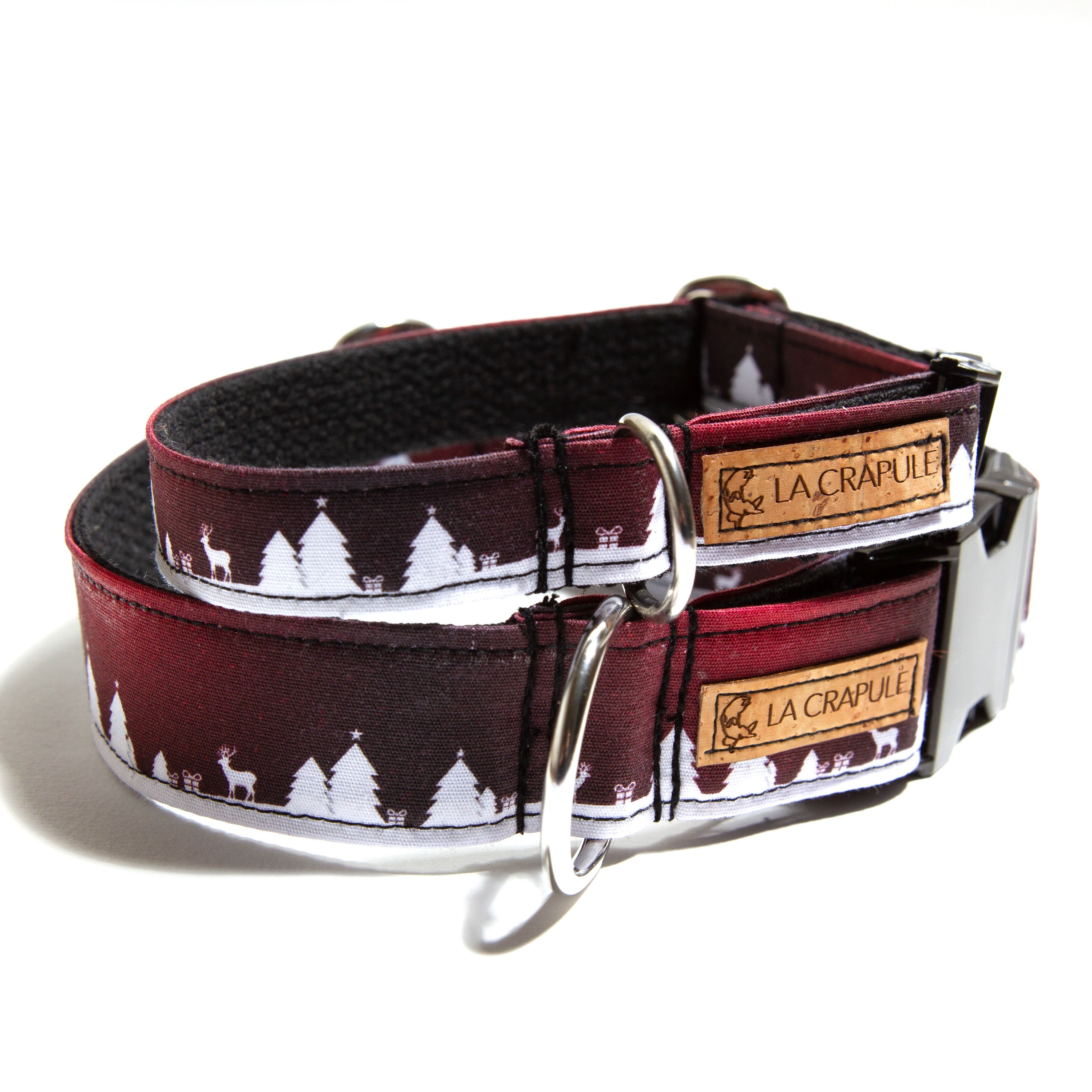 Collier chien boucle martingale village Noël rouge blanc fêtes La Crapule coton bio fait en France Artisanat