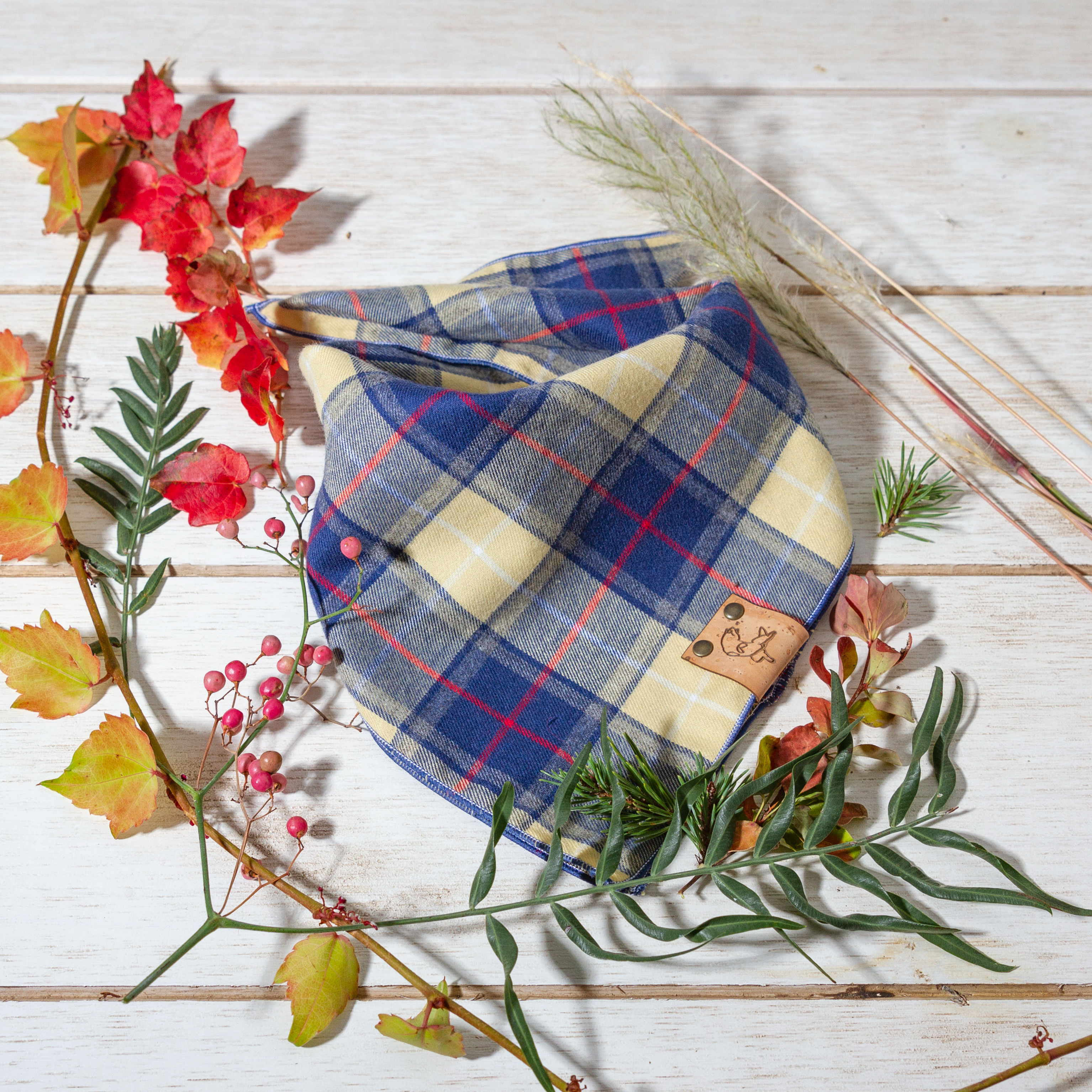 Bandana à nouer chien chat France Tartan jaune bleu flanelle coton