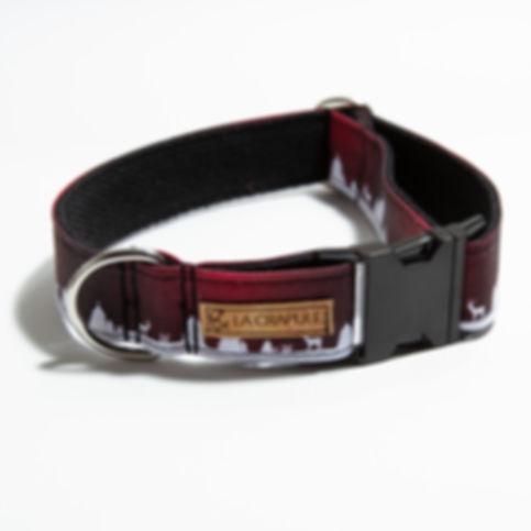 Collier chien boucle martingale village Noël rouge blanc fêtes La Crapule coton bio fait en France Artisanat