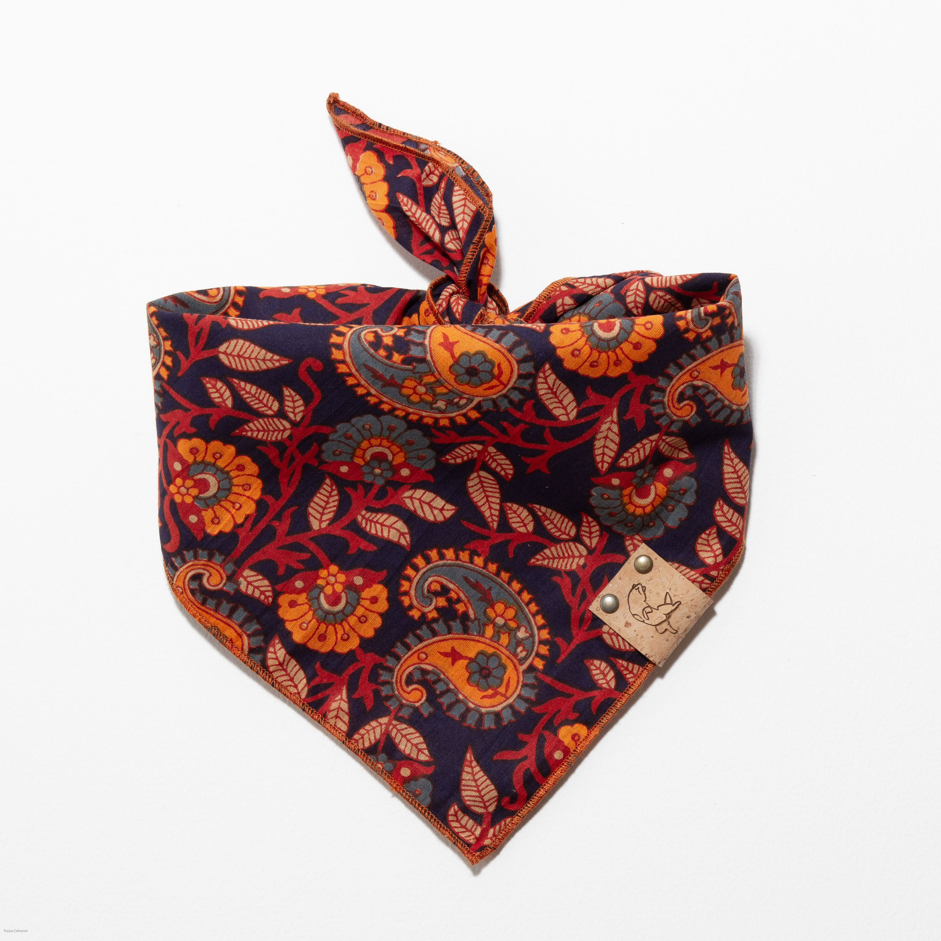 Bandana à nouer chien chat 100% coton Oeko Tex 100 Indien motifs paisley bleu orange fait main en France Artisanat La Crapule