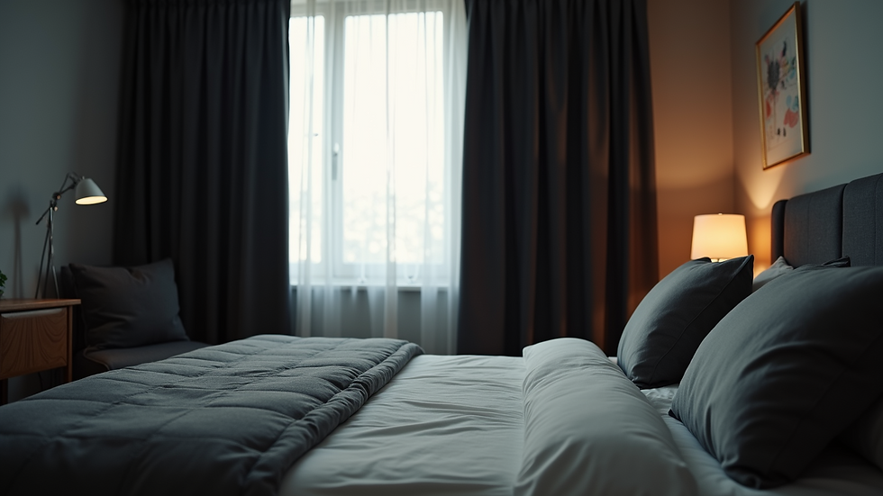 Eye-level view of a bedroom with blackout curtains drawn