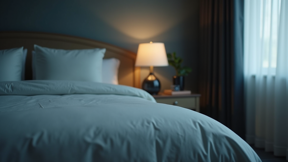 Eye-level view of a neatly made bed in a cool, dark bedroom