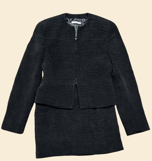 Designer Vintage 1990s Emporio Armani Black Ribbed Skirt Suit Size 10