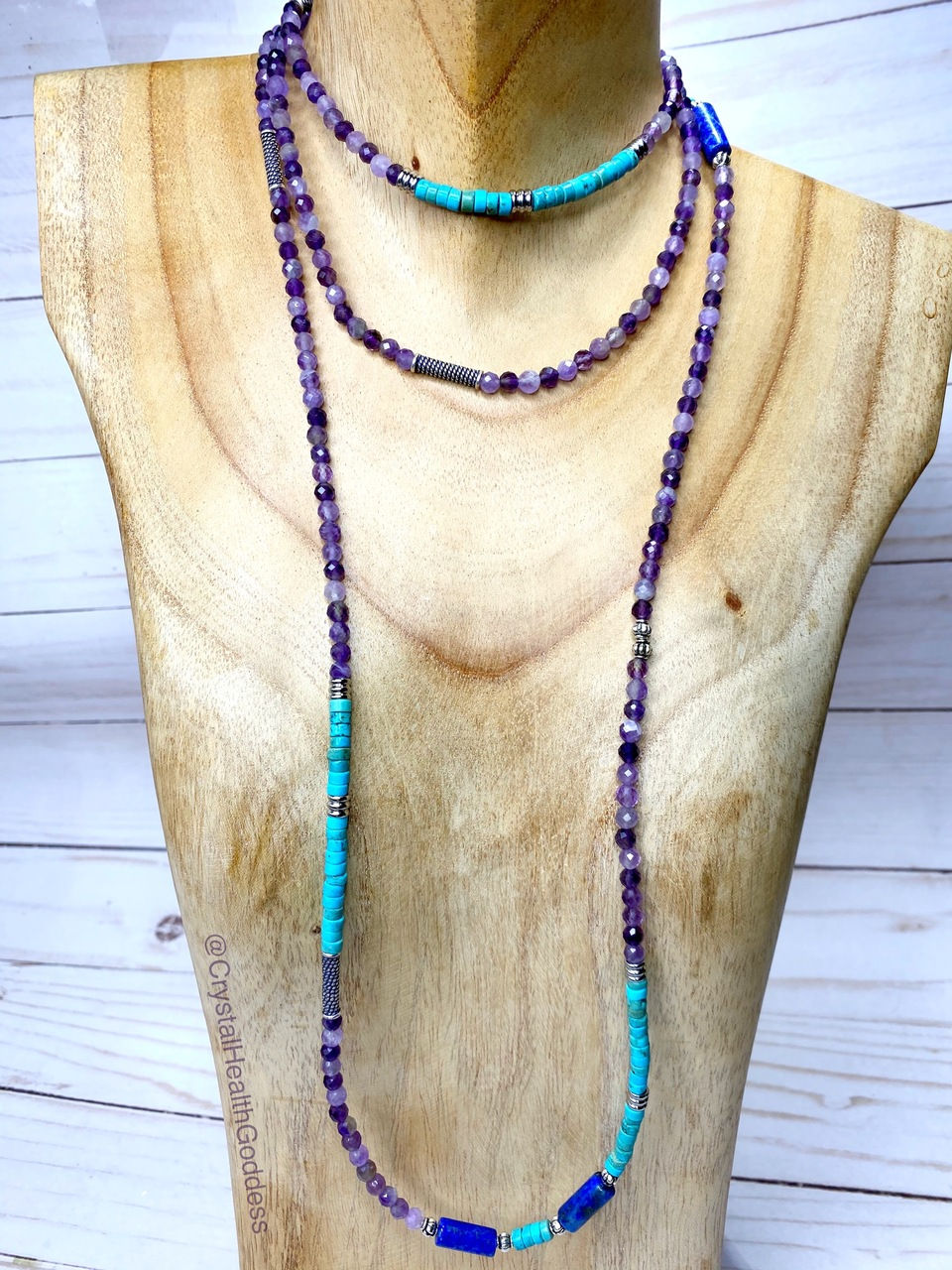 Thumbnail: Amethyst Turquoise Lapis 42" Long Necklace 925 Sterling Silver