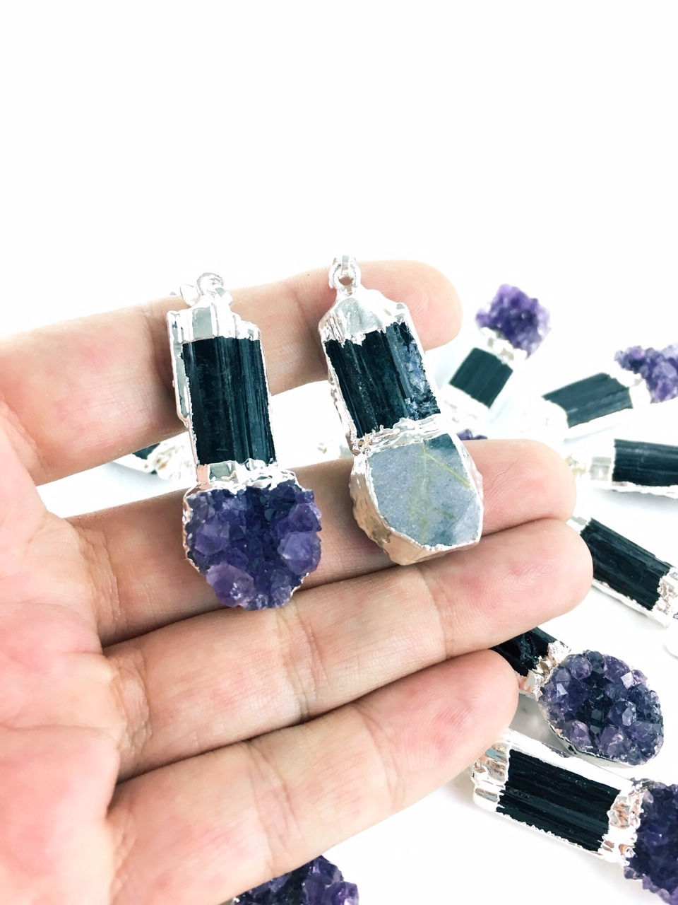 Thumbnail: Black Tourmaline With Amethyst Cluster Pendant