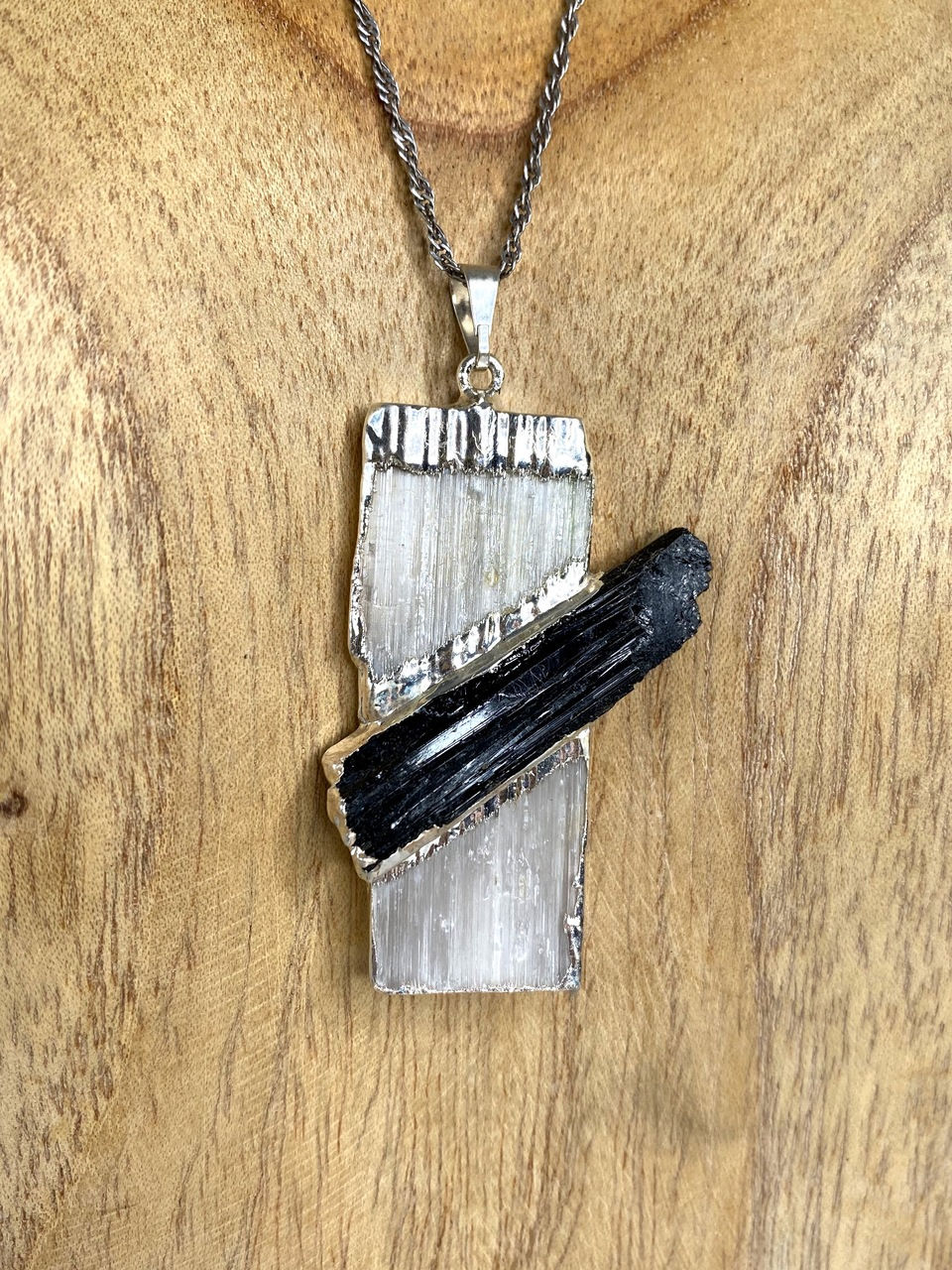 Thumbnail: Selenite With Black Tourmaline Electroplated Pendant 