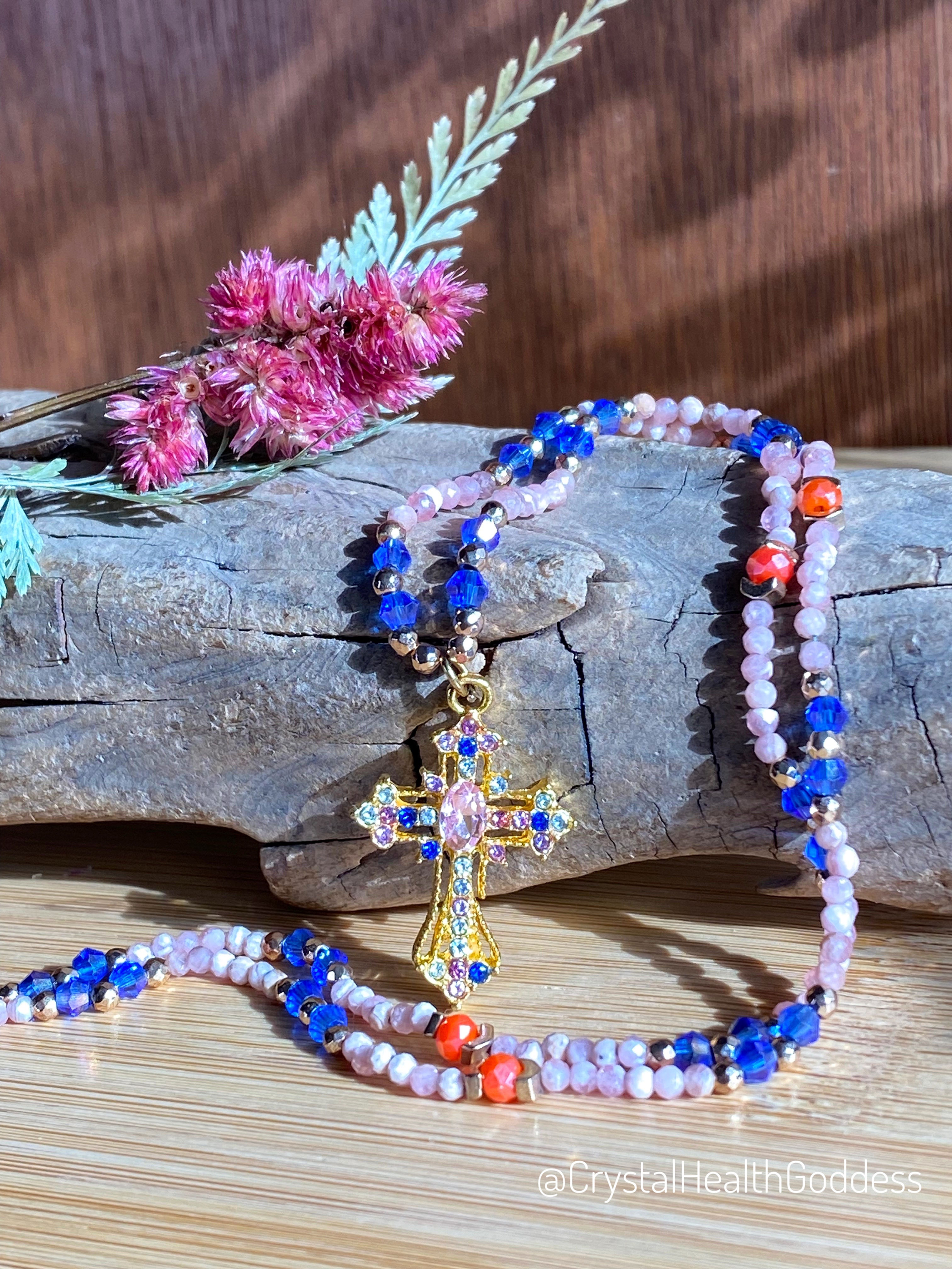 Rhodochrosite with Austrian Crystals Christian Necklace