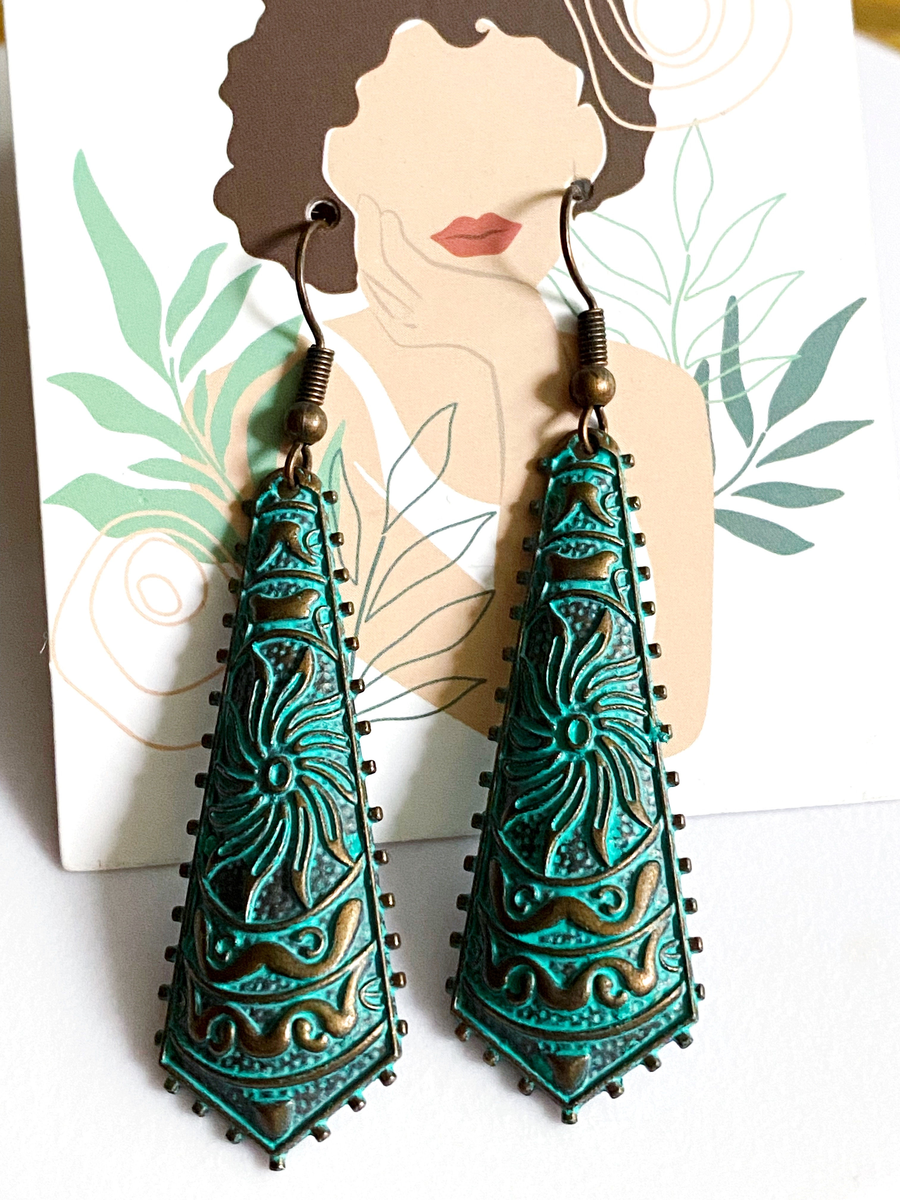 Vintage Green Patina Boho Style Earrings