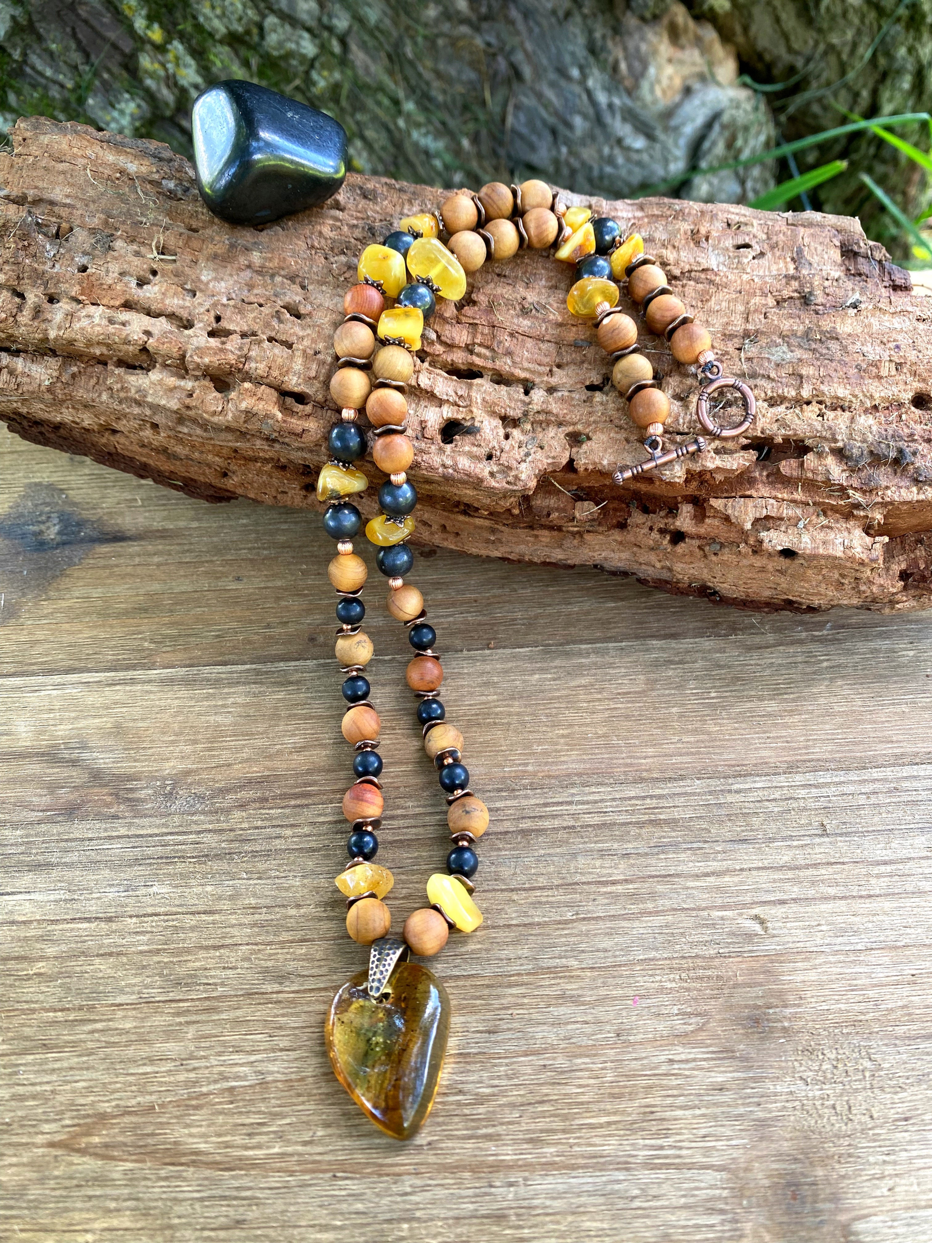 Siberian Cedar Wood + Baltic Amber + Shungite Necklace