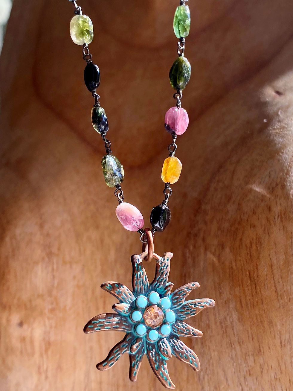 Thumbnail: Multicolor Tourmaline Gemstone Turquoise Sun Necklace