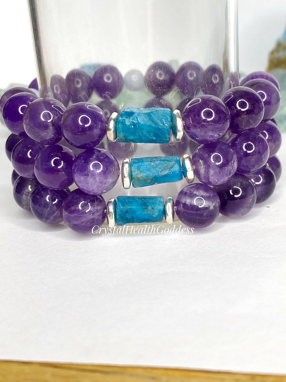 Thumbnail: Amethyst Aquamarine Neon Blue Apatite Bracelet