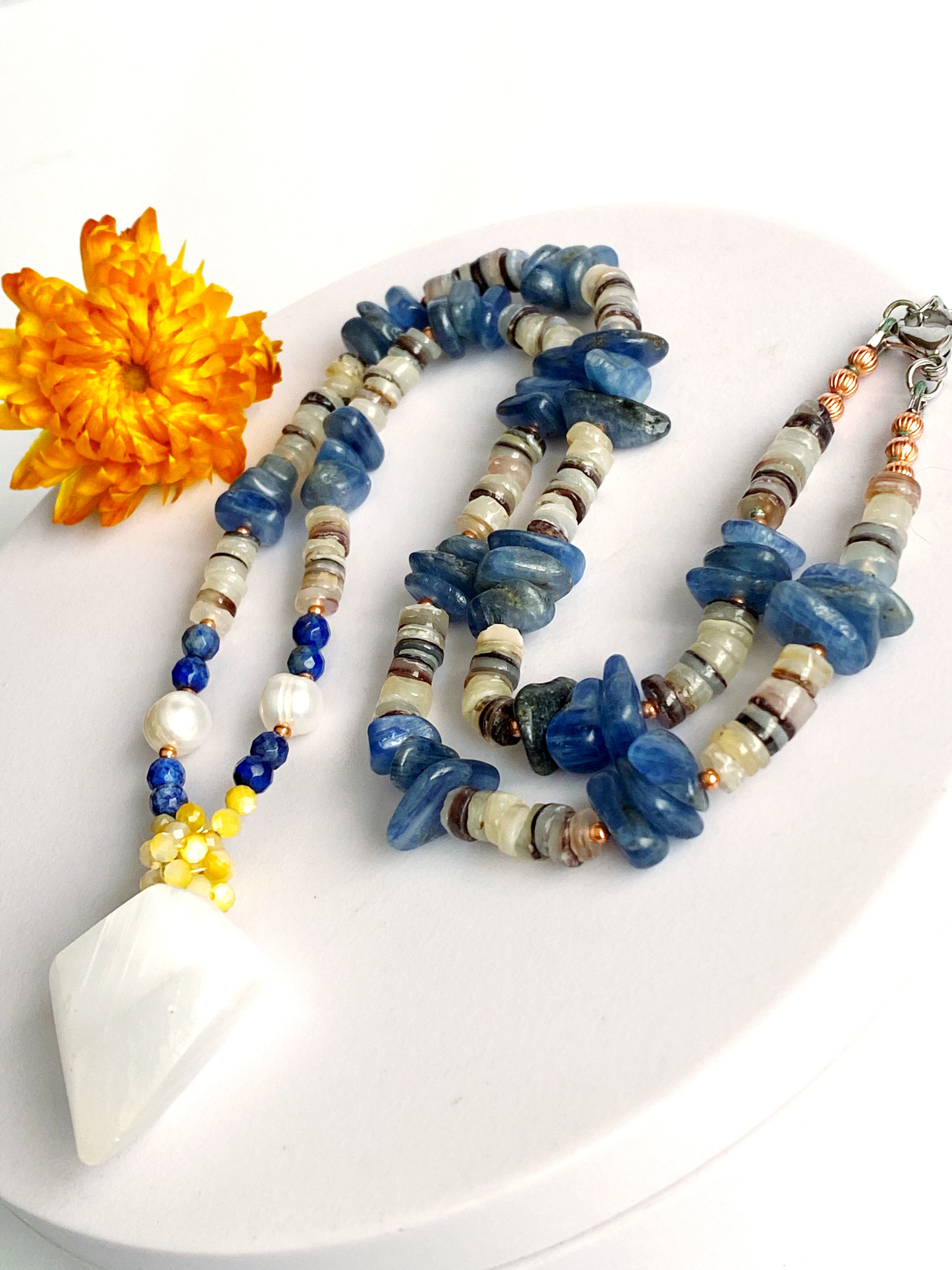Blue Kyanite + Selenite +Pearl Necklace