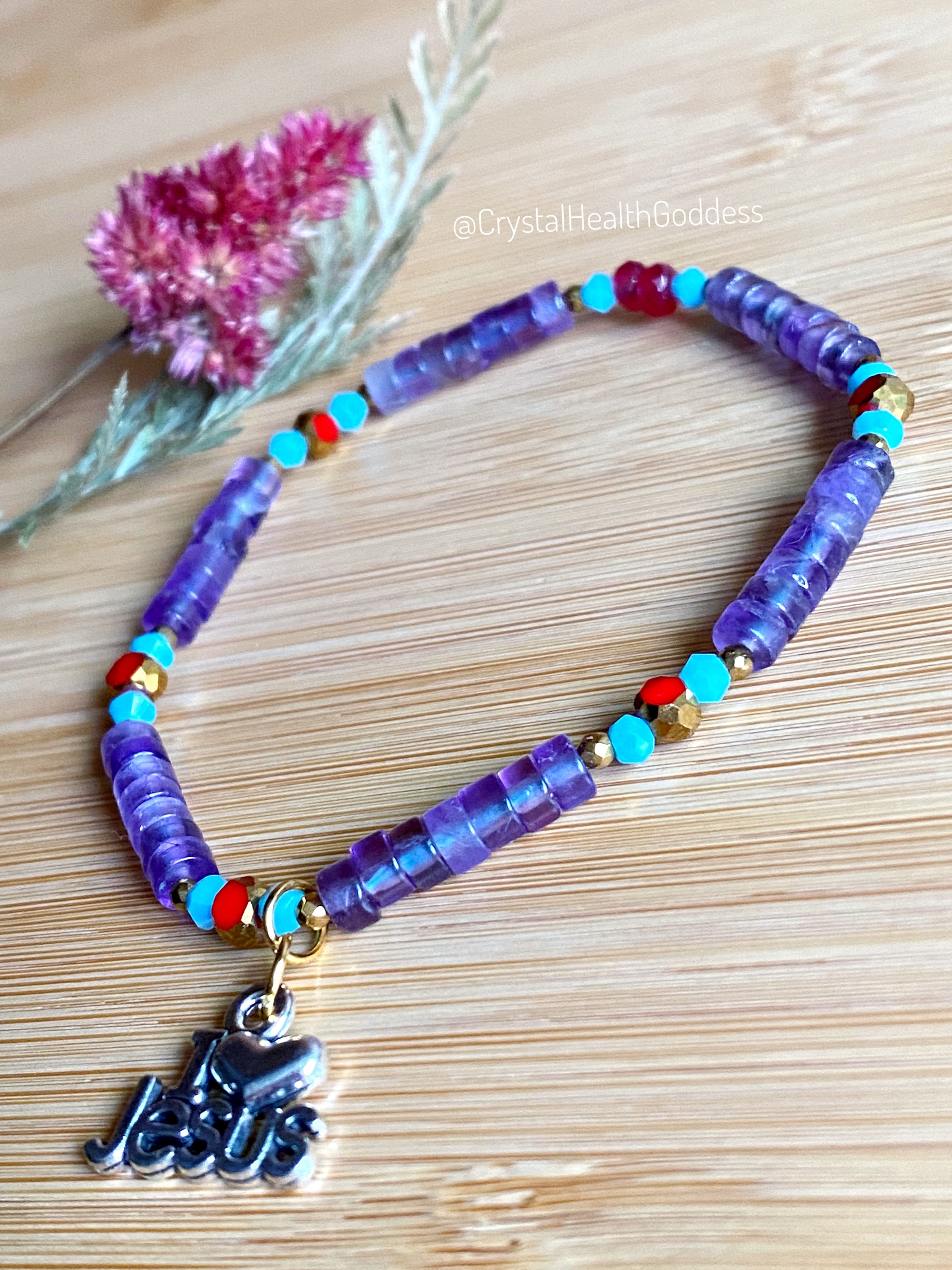 I Love Jesus Amethyst with Austrian Crystals Bracelet