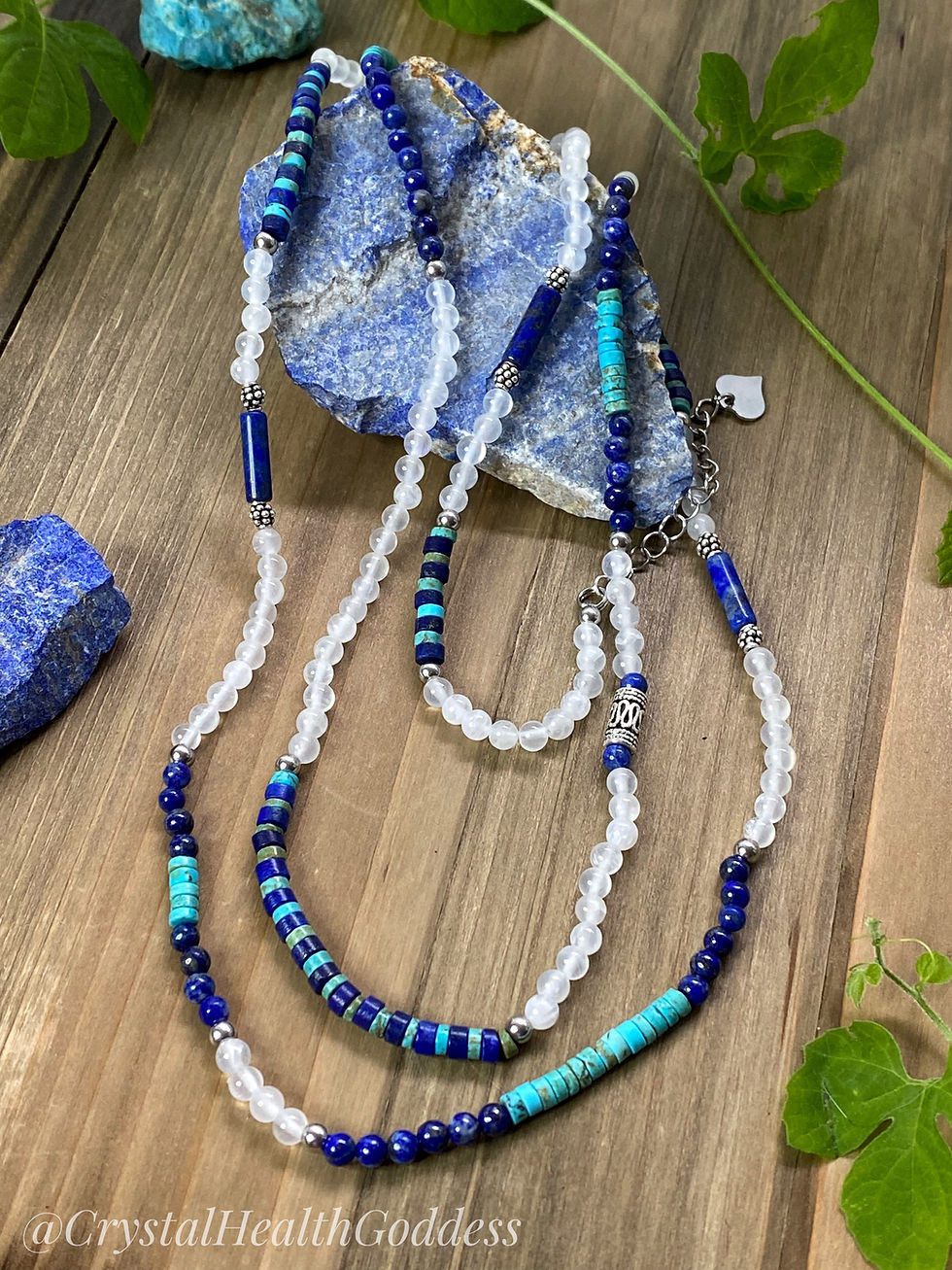 Thumbnail: 45" Long Selenite Turquoise Lapis Lazuli Necklace 925 Sterling Silver