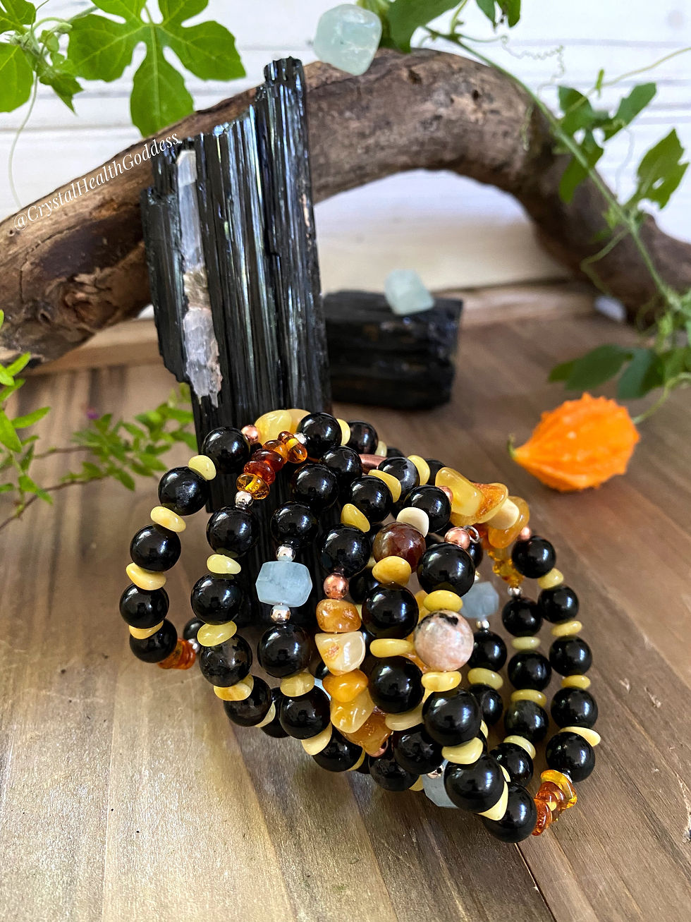 Thumbnail: Baltic Amber Black  Tourmaline Coiled Wrap Bracelet