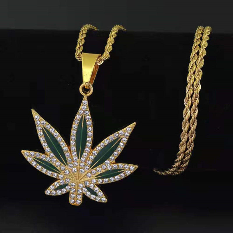 Thumbnail: Rhinestone Weed Pendant Necklace Men Maple Leaf Necklaces