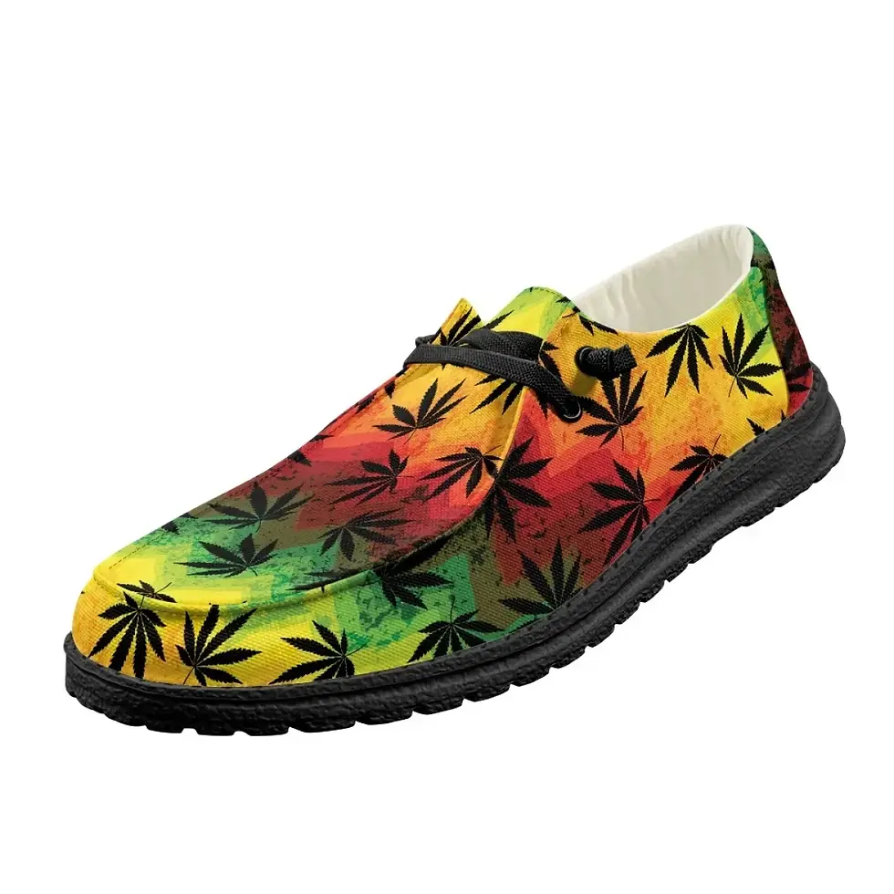 Thumbnail: Fashion Green 3D Weed Leaves Design Soft Sneakers Lace Up Flats Men's Women Brea