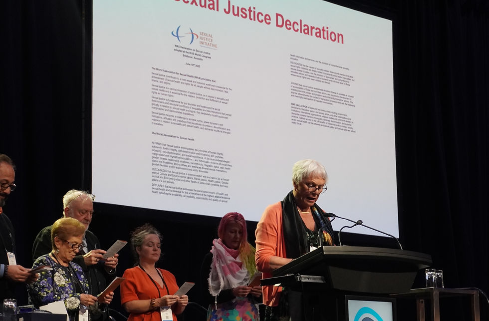 Professor Esben Esther Pirelli Benestad (Norway), President of the European Federation for Sexology, reads the WAS Declaration on Sexual Justice aloud during the Closing Ceremony of the 27th WAS Congress in Brisbane.