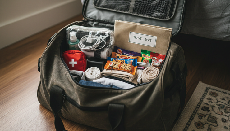 Close-up view of an open essentials bag with toiletries, chargers, documents, and snacks