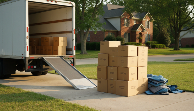 Eye-level view of sealed moving boxes stacked beside a rental truck ramp