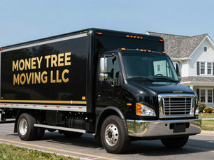 Black-and-gold Money Tree Moving LLC truck parked on a residential street.