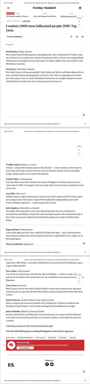 Evening Standard: Roger Michael Named One of London's 1000 Most Influential People 2010: Night Owls.