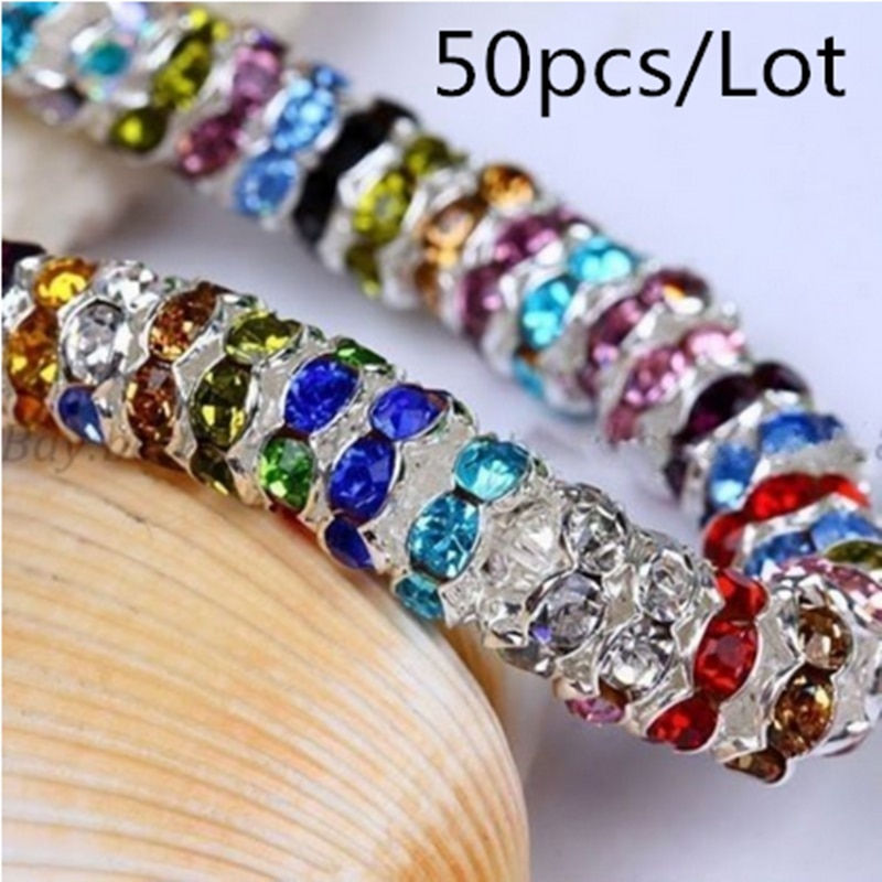50pcs 6MM Metal Silver Plated Crystal Rhinestone Rondelle Spacer Beads