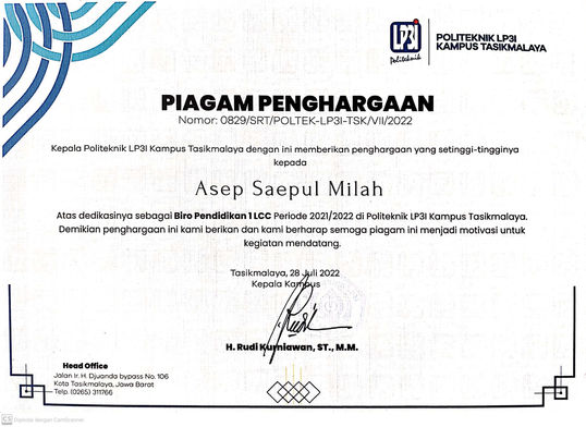 Sertifikat Piagam Penghargaan Organisasi LP3I Computer Club (Asep Saepul Milah)