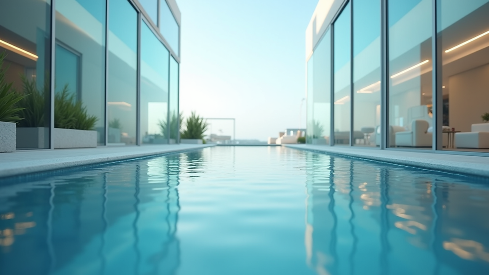 Eye-level view of a modern luxury pool with transparent acrylic walls