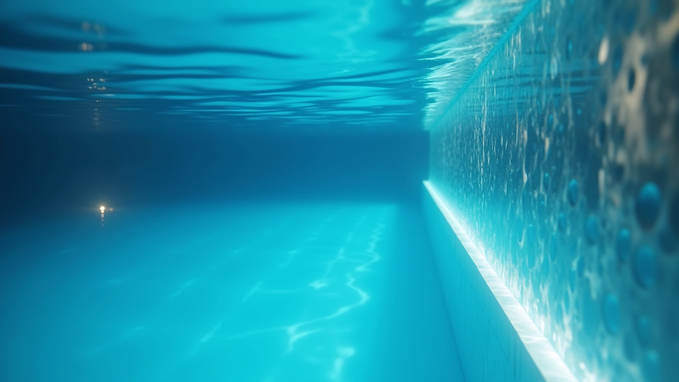 Close-up view of transparent acrylic pool wall with underwater lighting