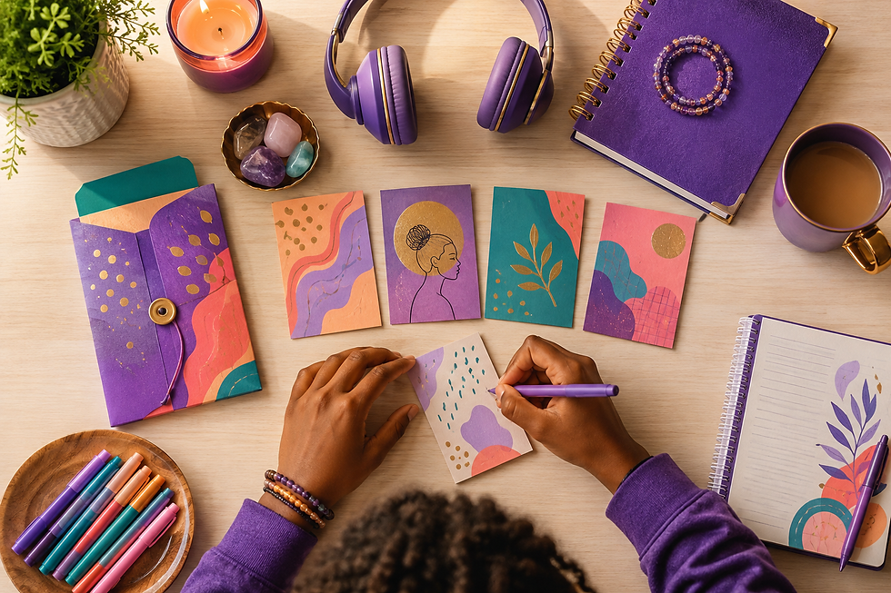 Handmade calm cards, a foldable calm pocket and journaling supplies arranged as a personal coping toolkit.