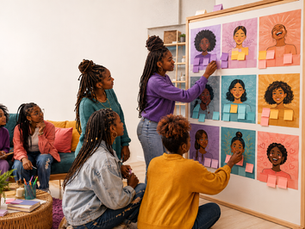 Black teenage girls placing sticky notes on an emotional-wellness mood board during the EmpowHER Series.