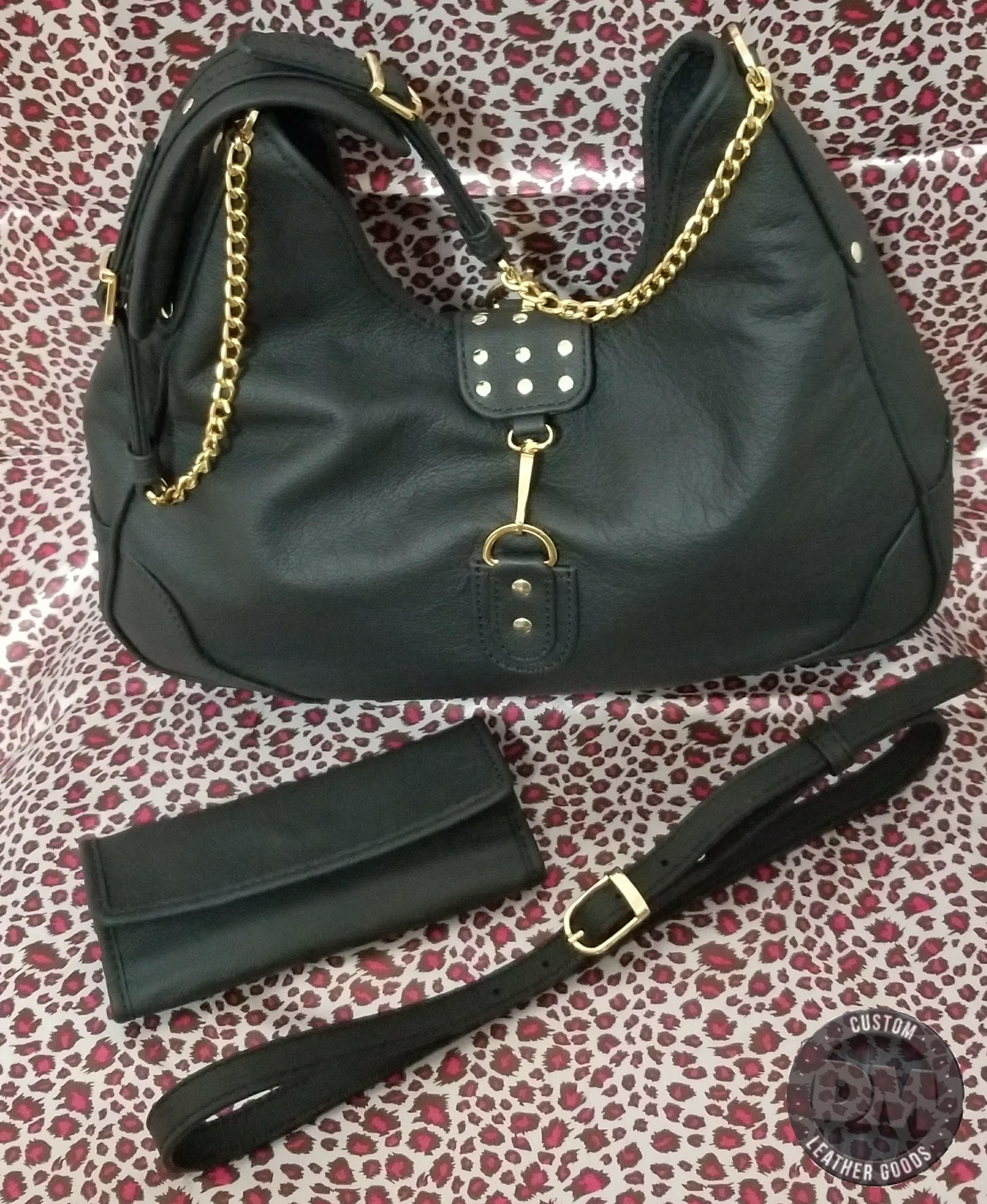 Black Leather w/Gold Trim - Medium w/belt & wallet