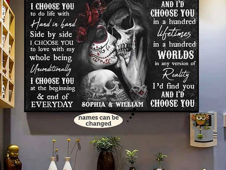 Hot - Sugar Skull Couple I choose you to do life with hand in hand side by side poster, canvas