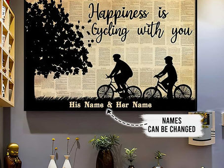 New - Cycling Couple Silhouette Happiness Is Cycling With You poster, canvas