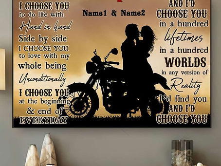 Find - Motorcycling Couple Silhouette I choose you to do life with hand in hand side by side poster