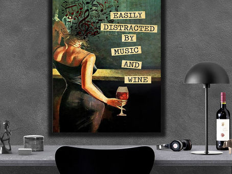 New - Music And Wine Vintage Text Girl Easily Distracted By Music And Wine poster, canvas
