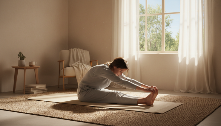 Eye-level view of a person stretching gently on a mat beside a sunny window.