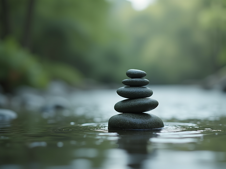 Stacked zen stones in a calm body of water representing peace and balance.