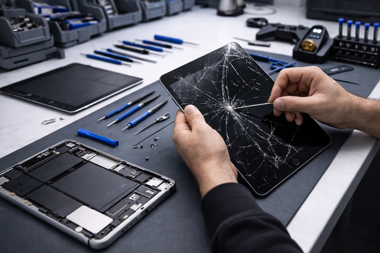 A realistic wide repair banner showing a technician holding and repairing a cracked iPad o