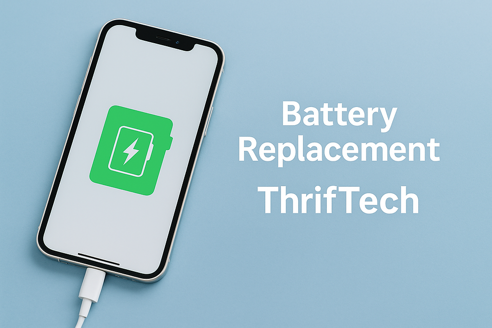 A promotional graphic for ThrifTech showing an iPhone with a charging battery icon. Highlights ThrifTech’s fast and affordable cellphone battery replacement service in Welland and surrounding Niagara cities.