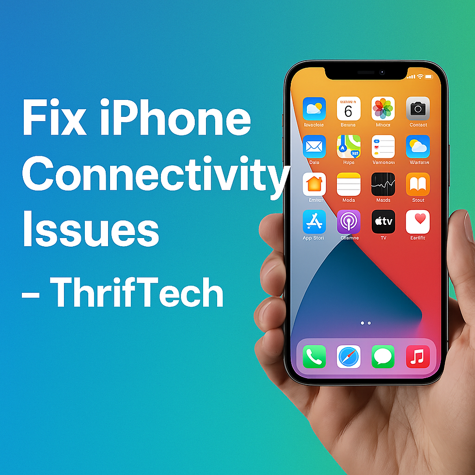 ThrifTech promotional graphic showing a frustrated iPhone user with text ‘Fix iPhone Connectivity Issues – ThrifTech’.