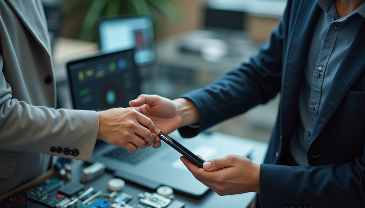 High angle view of a customer handing over a smartphone for repair at a service counter