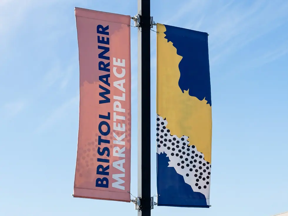 Two colorful banners on a pole against sky.