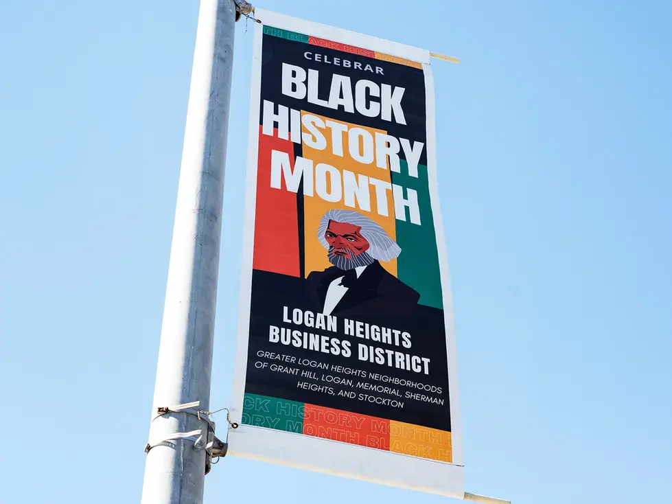 Banner celebrating Black History Month in Logan Heights.
