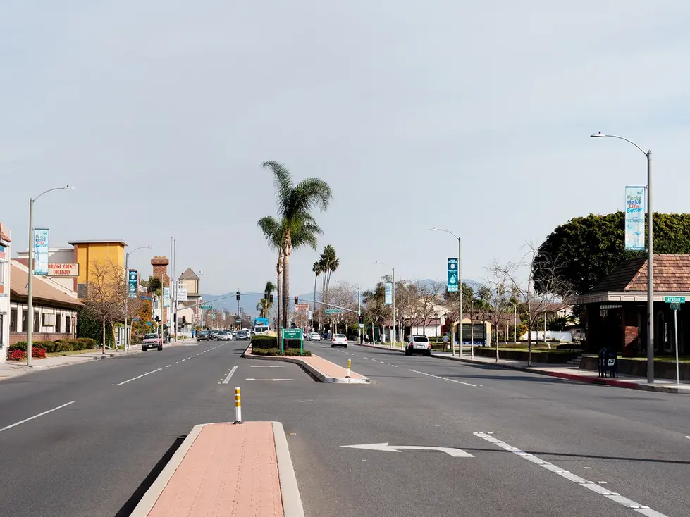 Wide street with palm trees and distant mountains.