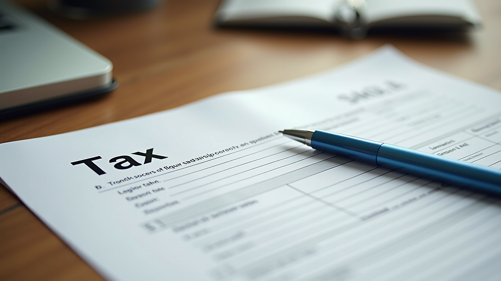 Eye-level view of a tax form with a pen on a wooden desk