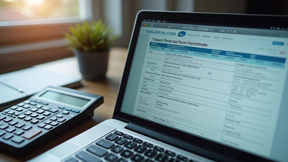 Close-up view of a laptop screen showing a tax form and calculator